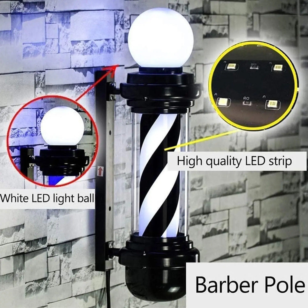 Poste de Barbería Profesional 88cm - Luz LED Giratoria Tricolor Clásica