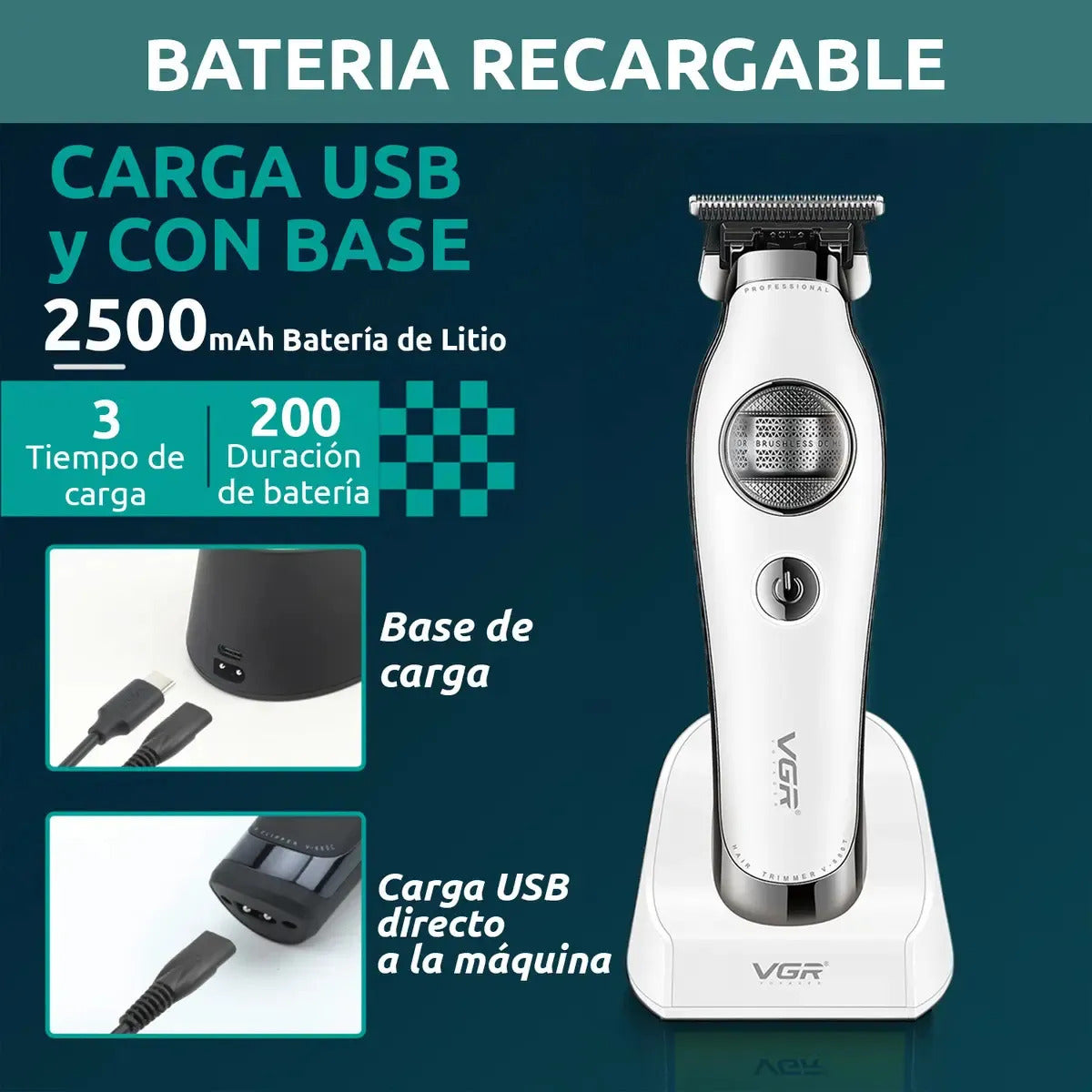 Maquina Corta Pelo Vgr V-880t Bldc 7200rpm Trimmer Patillera