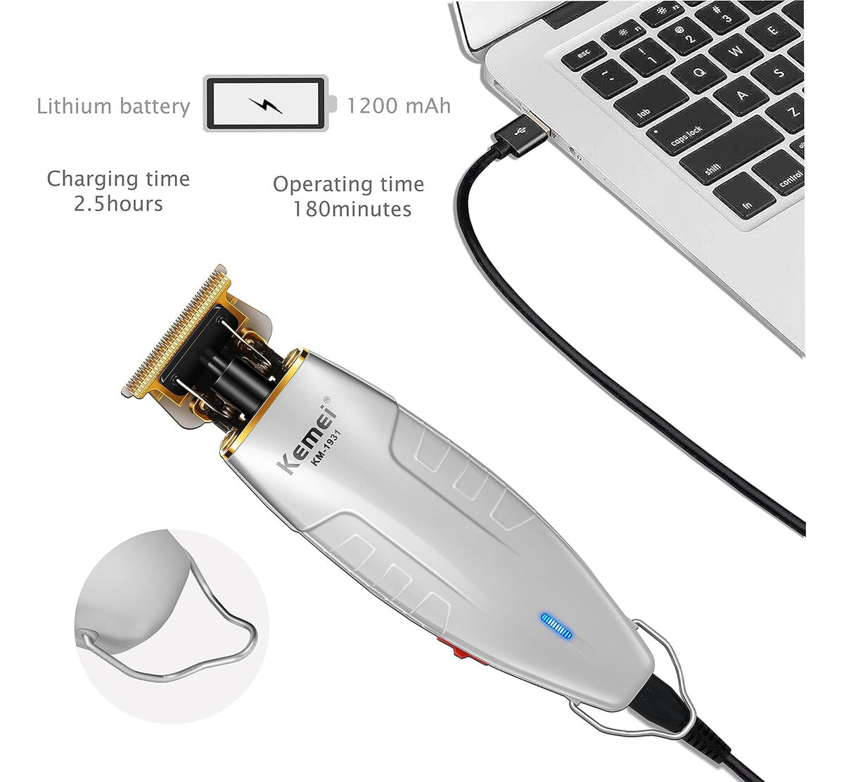 Trimmer Profesional Kemei KM-1931 Blanca: Patillera Inalámbrica de Precisión USB