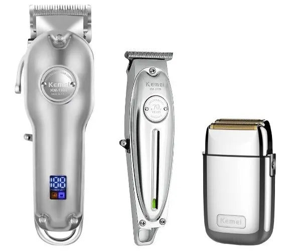 Kit Barbería Profesional Kemei Edición 70 Años: Clipper 1986 + Trimmer 1949 + Shaver TX1