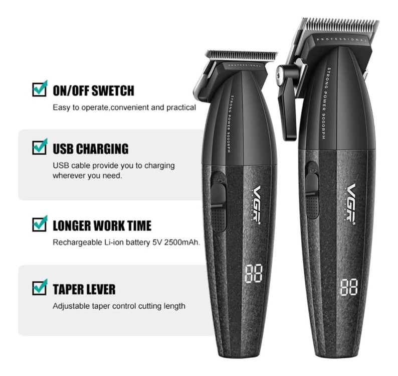 Combo VGR V640 Clipper + Trimmer Profesional 9000RPM Barbería Recargable