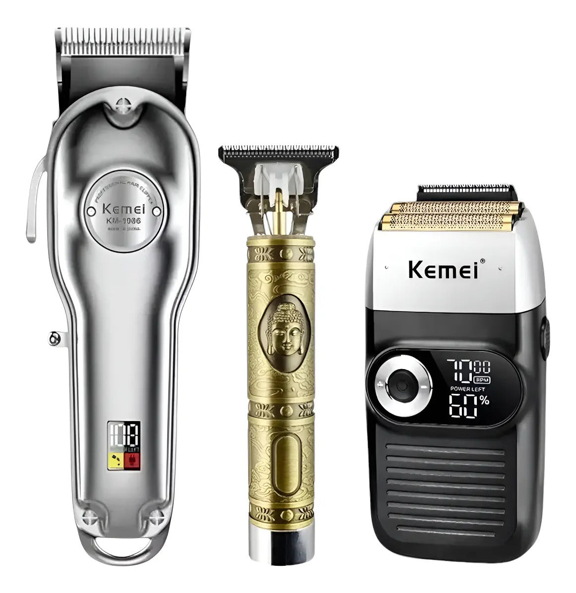 Kit de Barbería Profesional Kemei: Clipper 1986 + Trimmer Buddha 1974a + Shaver 2026