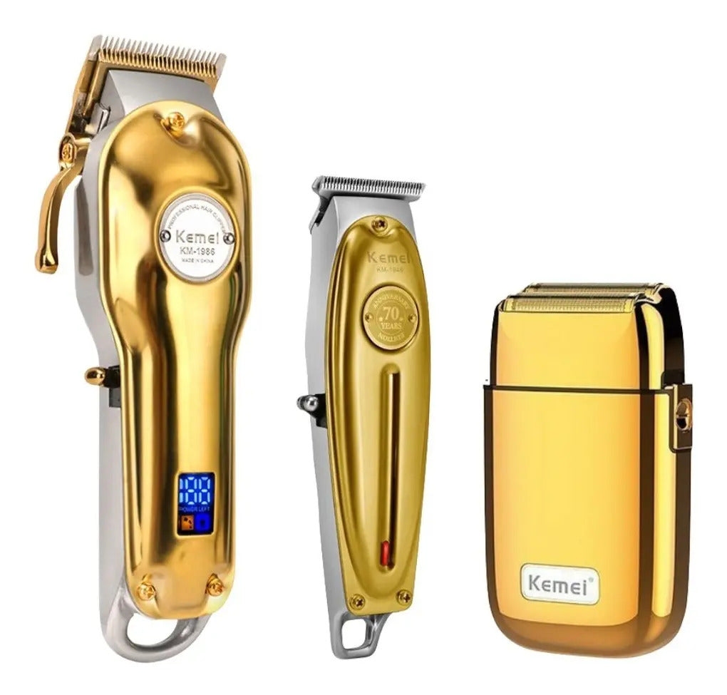 Kit Barbería Profesional Kemei Edición 70 Años: Clipper 1986 + Trimmer 1949 + Shaver TX1