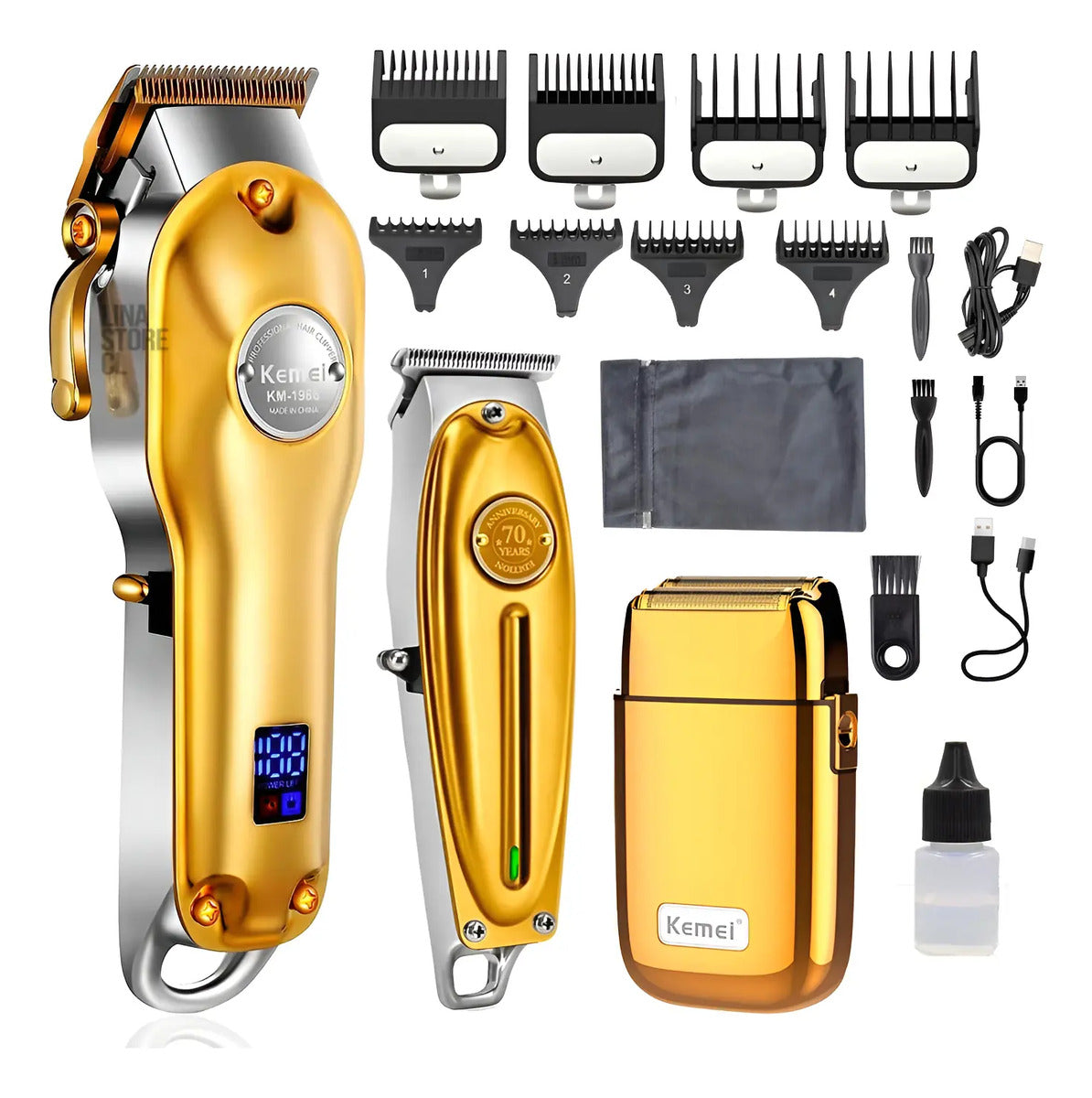 Kit de Barbería Profesional Kemei: Clipper 1986 + Trimmer i32S + Shaver TX1
