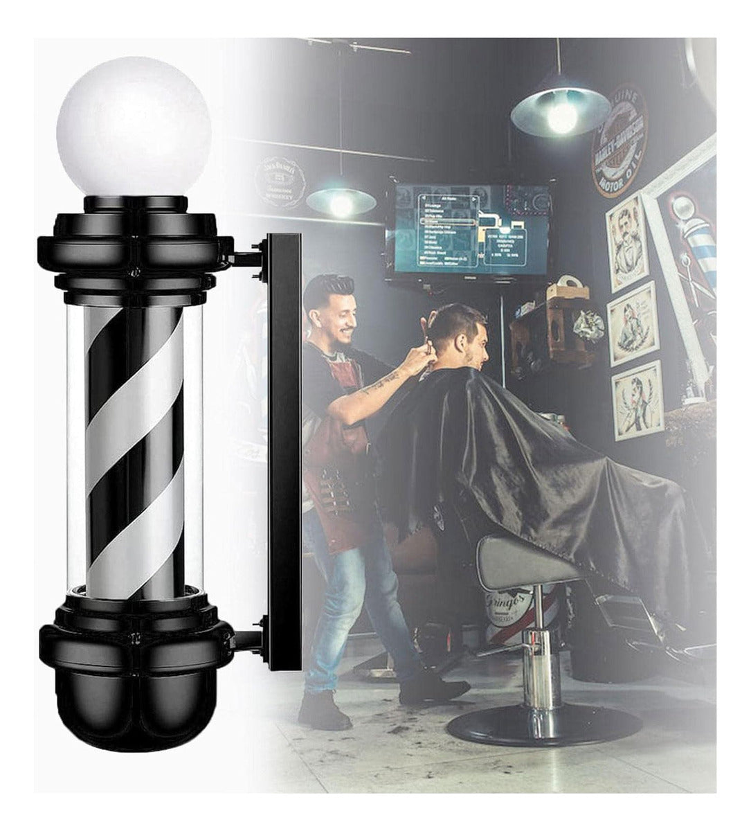 Poste de Barbería Profesional 88cm - Luz LED Giratoria Tricolor Clásica