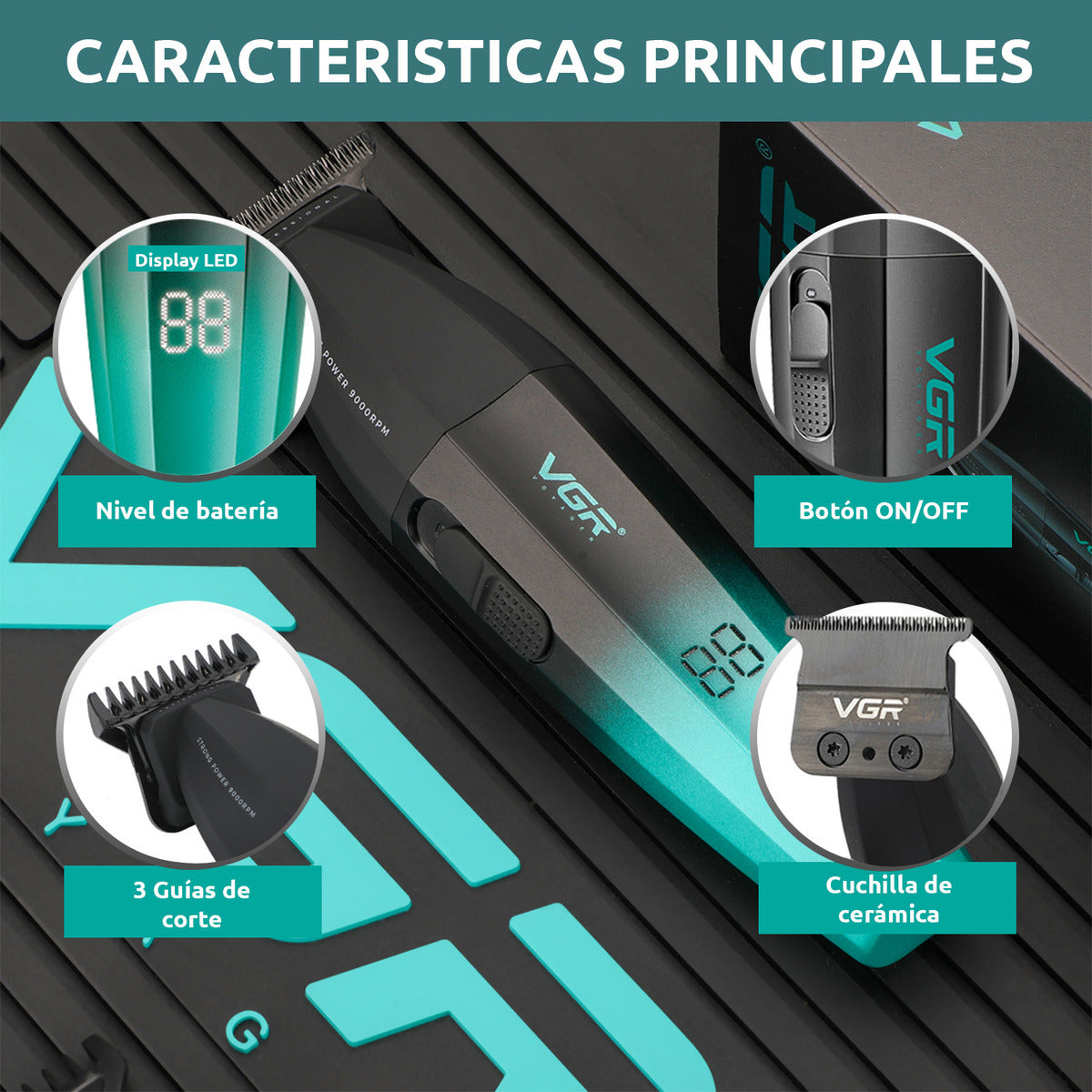 Máquina VGR V-906 Patillera Profesional Inalámbrica 9000 RPM Trimmer