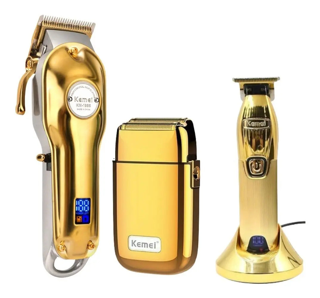 Kit de Barbería Profesional Kemei: Clipper 1986 + Trimmer i32S + Shaver TX1