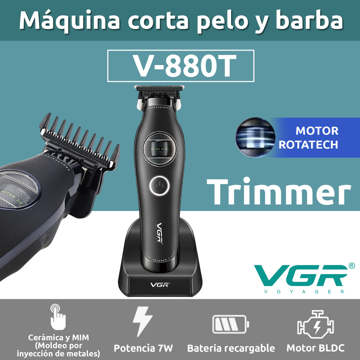 Máquina VGR V-880T Trimmer Profesional BLDC 7200 RPM Cortadora de Pelo