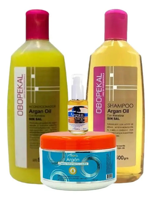 Kit Capilar Argan Flora Profesional - Shampoo, Acondicionador, Aceite y Crema