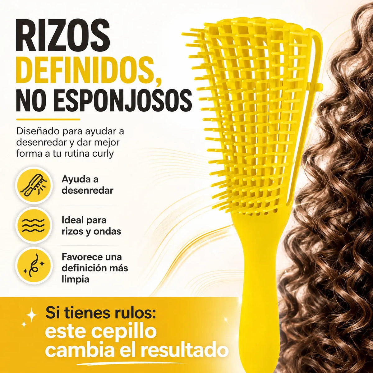 Cepillo Cabello Rizado Desenreda Fácil Rizos Amarillo