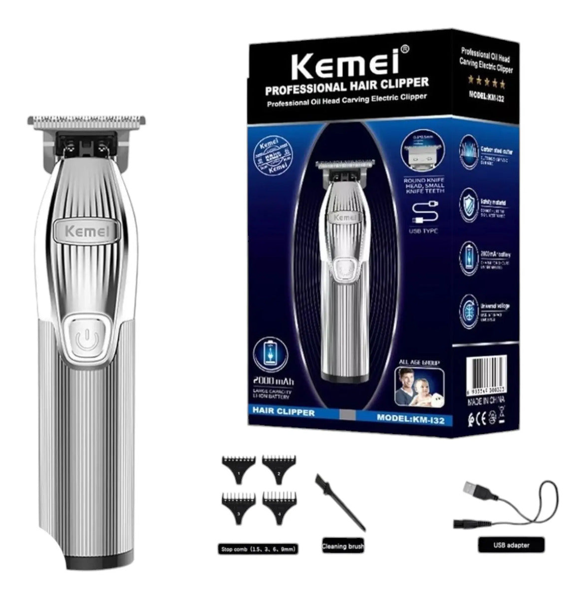 Kit Barbería Profesional Kemei: Clipper 1986 + Trimmer i32 + Shaver 2026 Gold