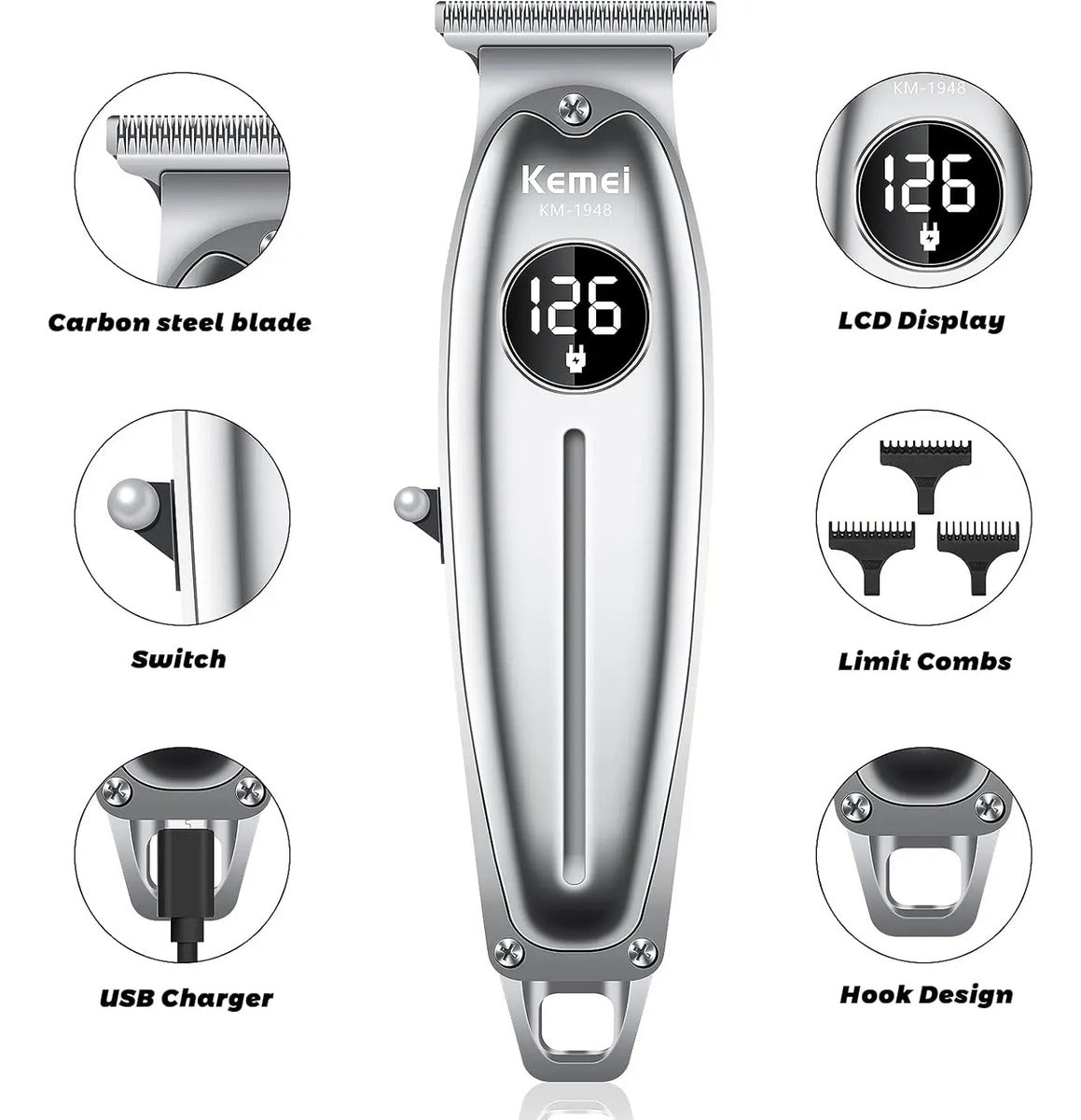 Kit de Barbería Profesional Kemei: Clipper 1986 + Trimmer i32S + Shaver TX1