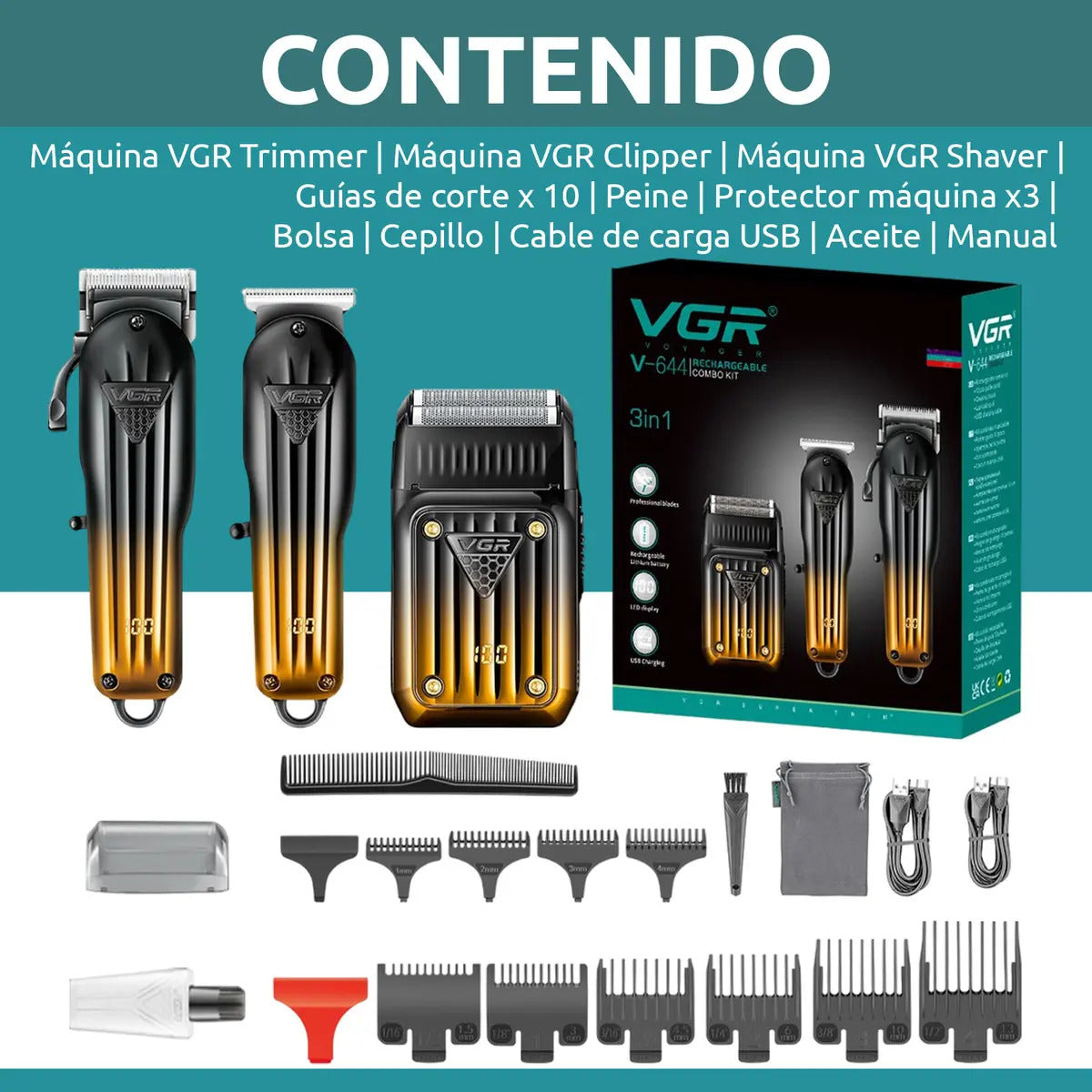 Kit VGR V-644 3 en 1 Clipper + Trimmer + Shaver Profesional