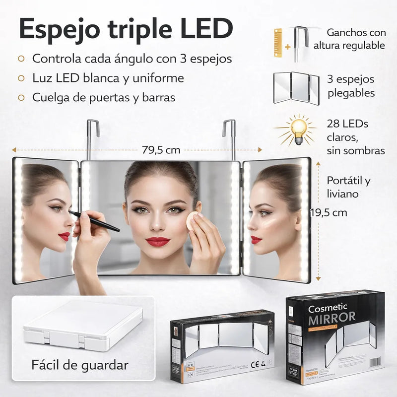 Espejo Triple Con Luz Led Para Auto Corte Barberia 3 Angulos