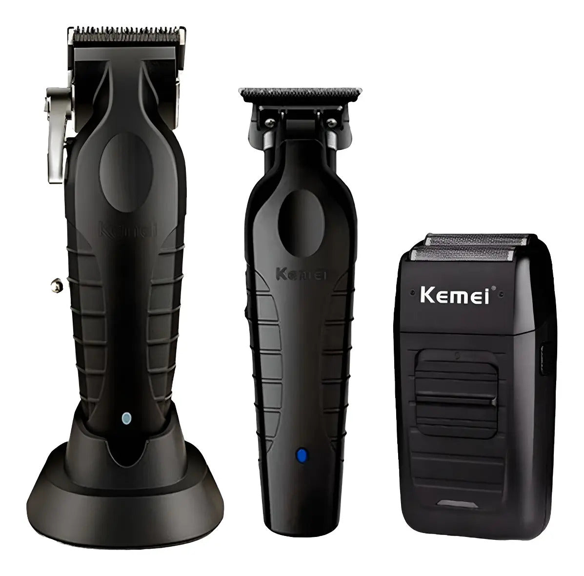 Kit Barbería Profesional Kemei: Clipper 2296 + Trimmer 2299 + Shaver 1102 - Negro