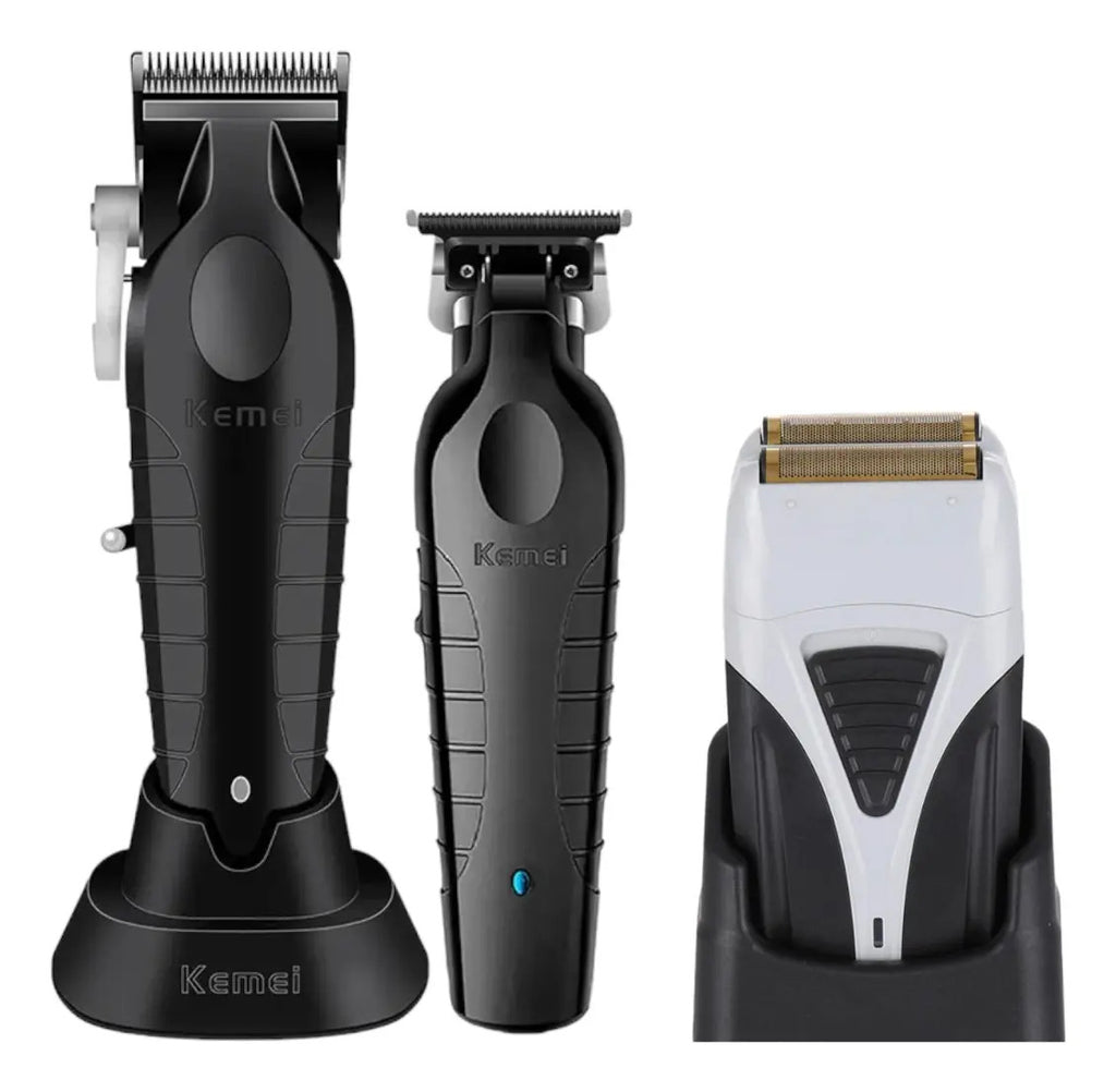Set de Barbería Profesional Kemei: Clipper 2296 + Trimmer 2299 + Shaver 3383