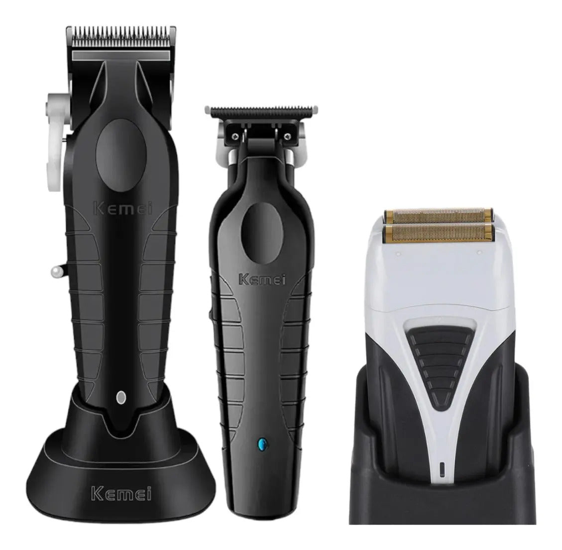 Set de Barbería Profesional Kemei: Clipper 2296 + Trimmer 2299 + Shaver 3383