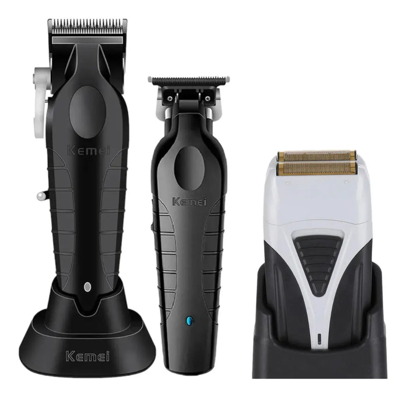 Set de Barbería Profesional Kemei: Clipper 2296 + Trimmer 2299 + Shaver 3383