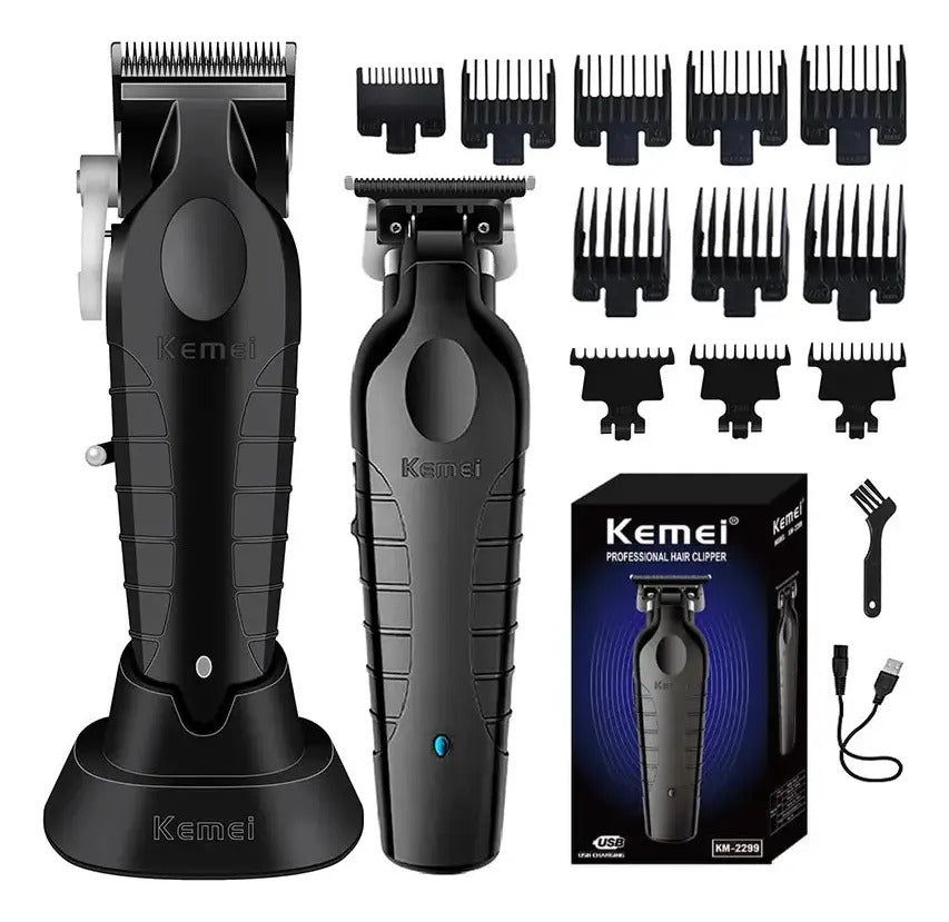 Set de Barbería Profesional Kemei: Clipper 2296 + Trimmer 2299 + Shaver 3383