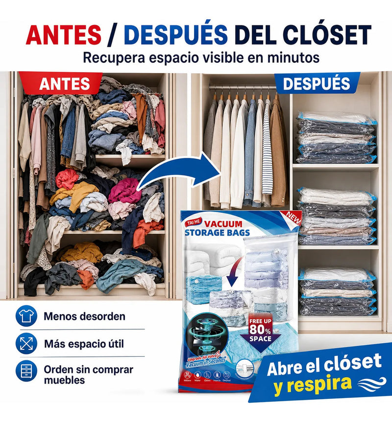 Set 6 Bolsa Al Vacío Ropa Reduce Volumen Ideal Viaje Clóset